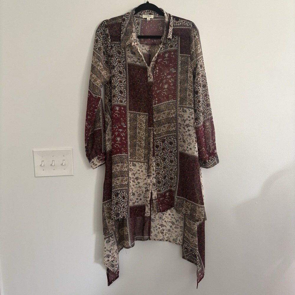 Umgee Women's Multi Color Sheer Patchwork Bohemian Festive HighLow Tunic/Dress S